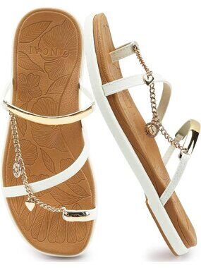 Women's White Khaki Flat Slides Sandals Toe loop Strappy Square Open Toe Fashion
